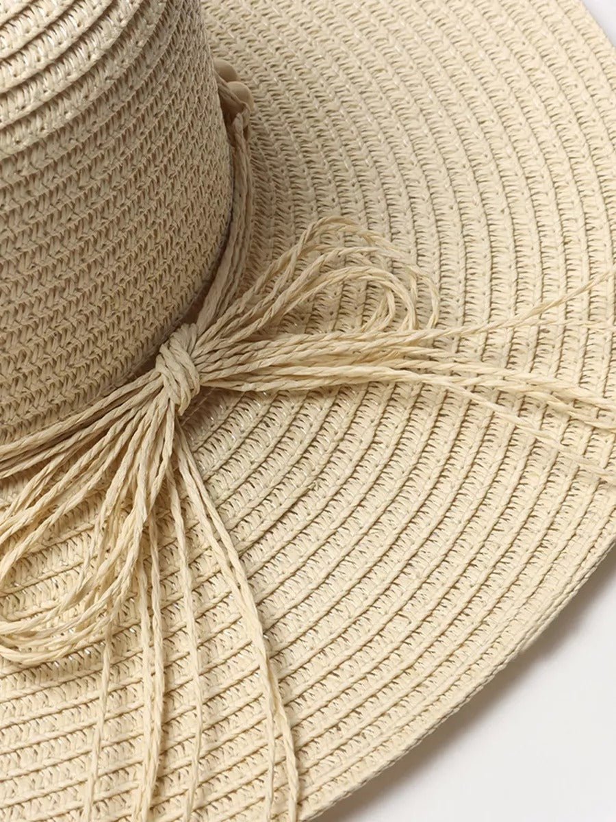 Chapeau de paille panama pour femme, été, chapeau de plage à large bord, décor perles, vacances, modèle Natacha - Chapeau de paille - Beige