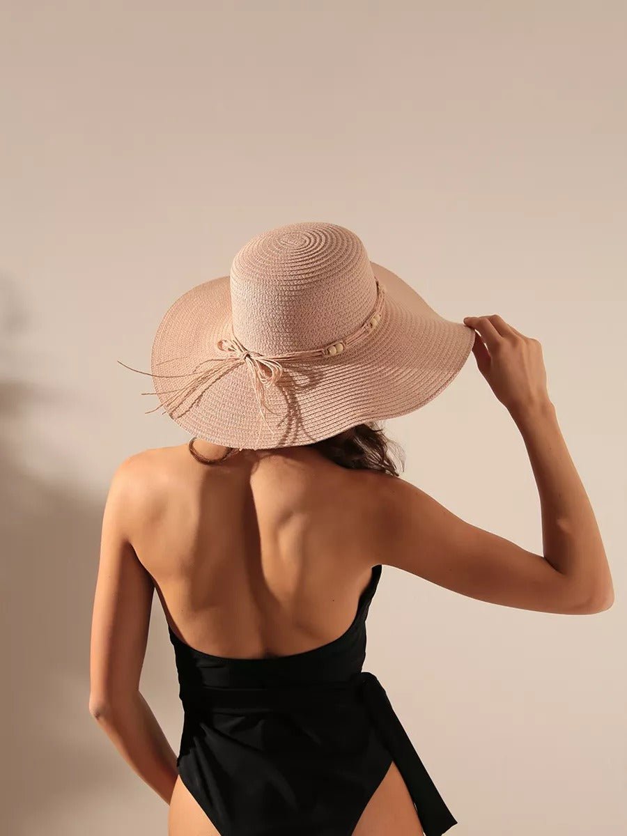 Chapeau de paille panama pour femme, été, chapeau de plage à large bord, décor perles, vacances, modèle Natacha - Chapeau de paille - Rose