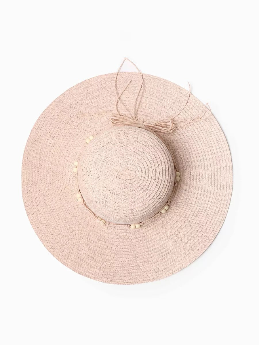 Chapeau de paille panama pour femme, été, chapeau de plage à large bord, décor perles, vacances, modèle Natacha - Chapeau de paille - Rose
