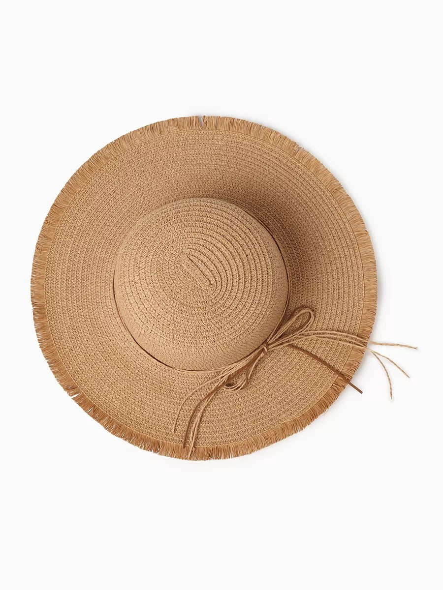 Chapeau de paille panama, pour femme, large bord, Anti - UV, idéal pour plage, ruban déco, léger et respirant, modèle Noémie - Chapeau de paille - Camel