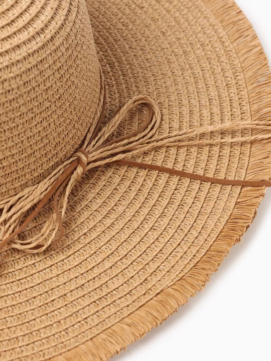Chapeau de paille panama, pour femme, large bord, Anti - UV, idéal pour plage, ruban déco, léger et respirant, modèle Noémie - Chapeau de paille - Camel