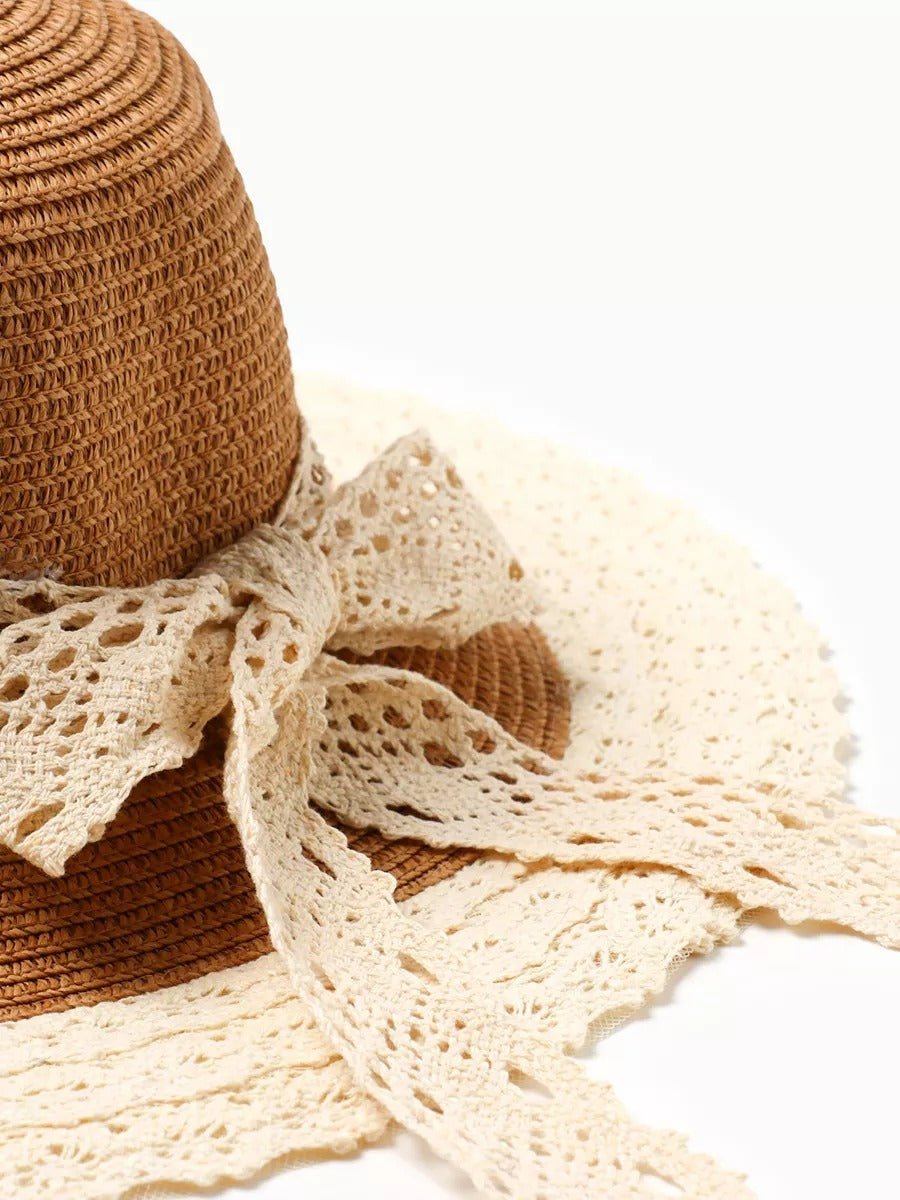 Chapeau de paille panama pour femme, ruban dentelle, large bord, été plage, accessoire solaire, modèle Alice - Chapeau de paille - Beige
