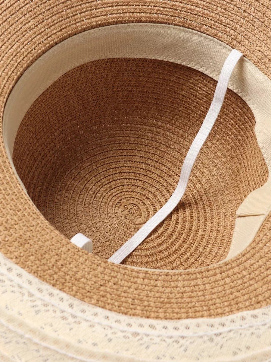 Chapeau de paille panama pour femme, ruban dentelle, large bord, été plage, accessoire solaire, modèle Alice - Chapeau de paille - Beige