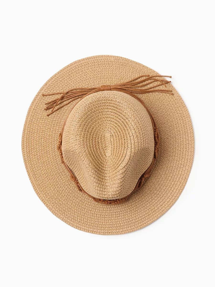 Chapeau de paille pour femme, été, large bord, chapeau de plage, corde intégrée, contre le soleil, modèle Uria - Chapeau de paille - Camel
