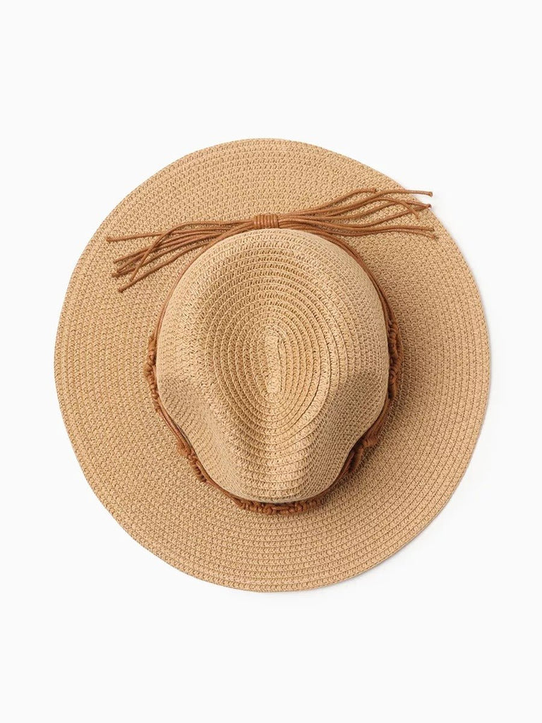 Chapeau de paille pour femme, été, large bord, chapeau de plage, corde intégrée, contre le soleil, modèle Uria - Chapeau de paille - Camel