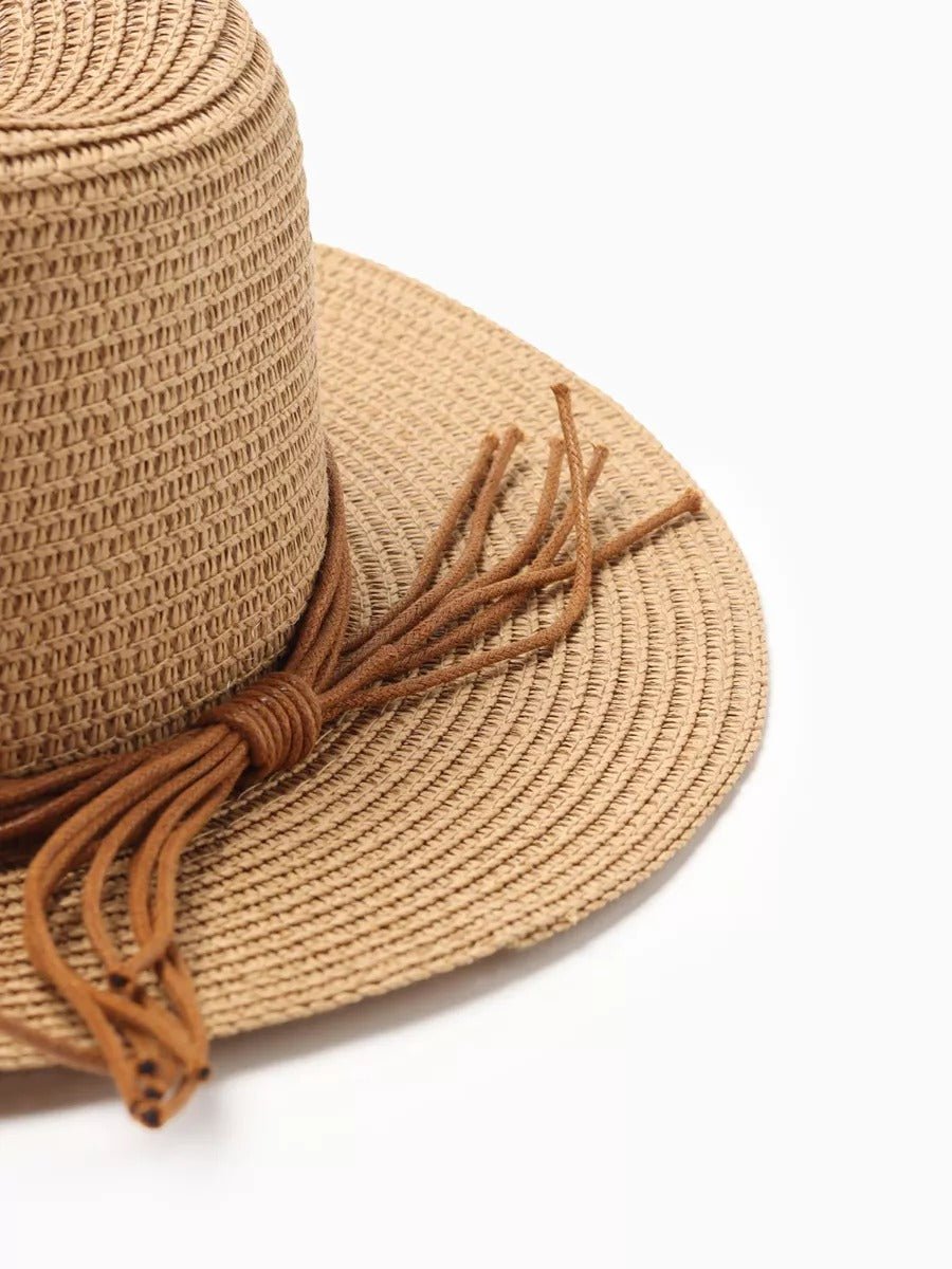 Chapeau de paille pour femme, été, large bord, chapeau de plage, corde intégrée, contre le soleil, modèle Uria - Chapeau de paille - Camel