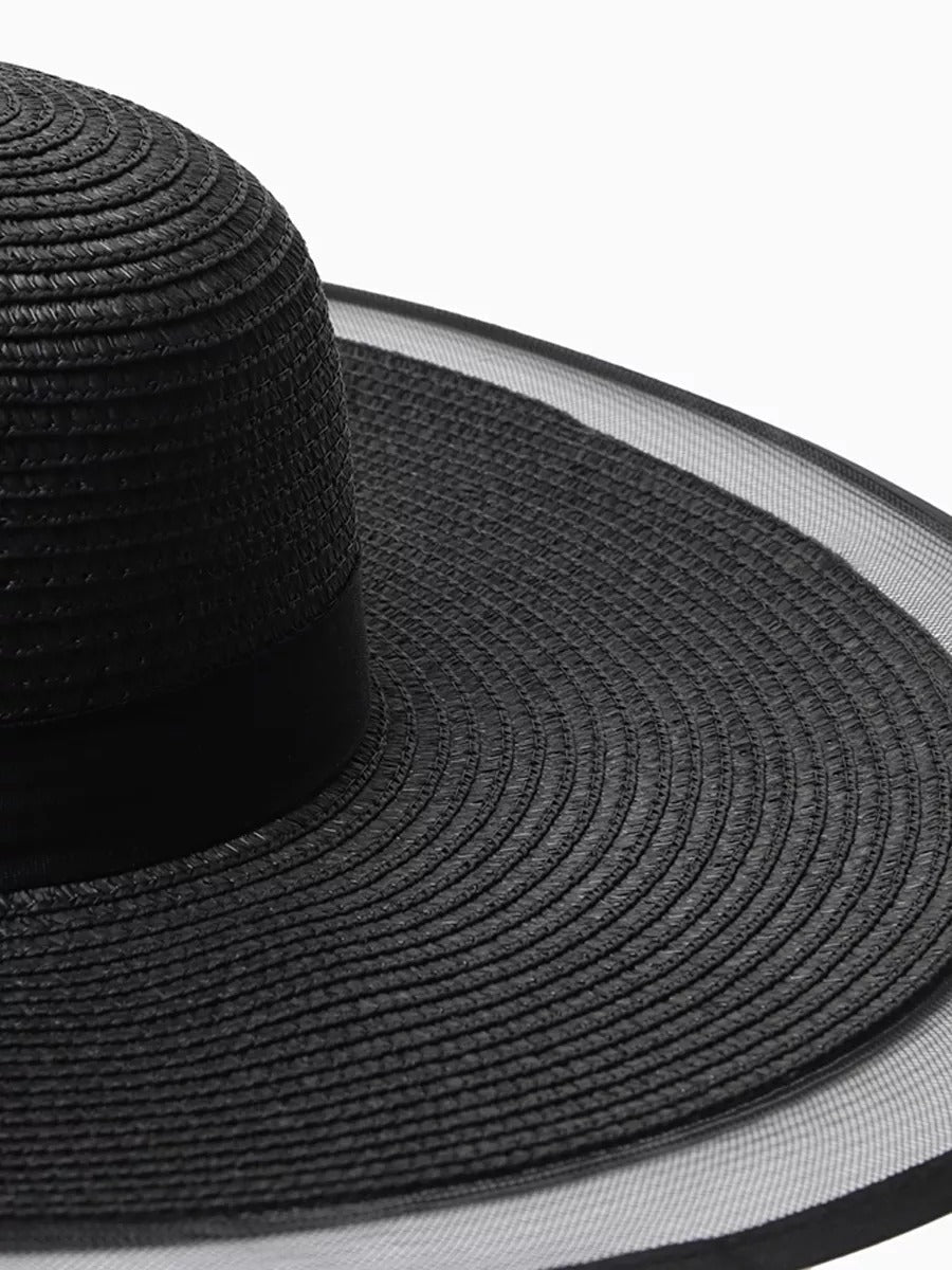 Chapeau de paille pour femme, plage, bord large, capeline filet, chapeau anti - uv élégant, modèle Amy - Chapeau de paille - Noir