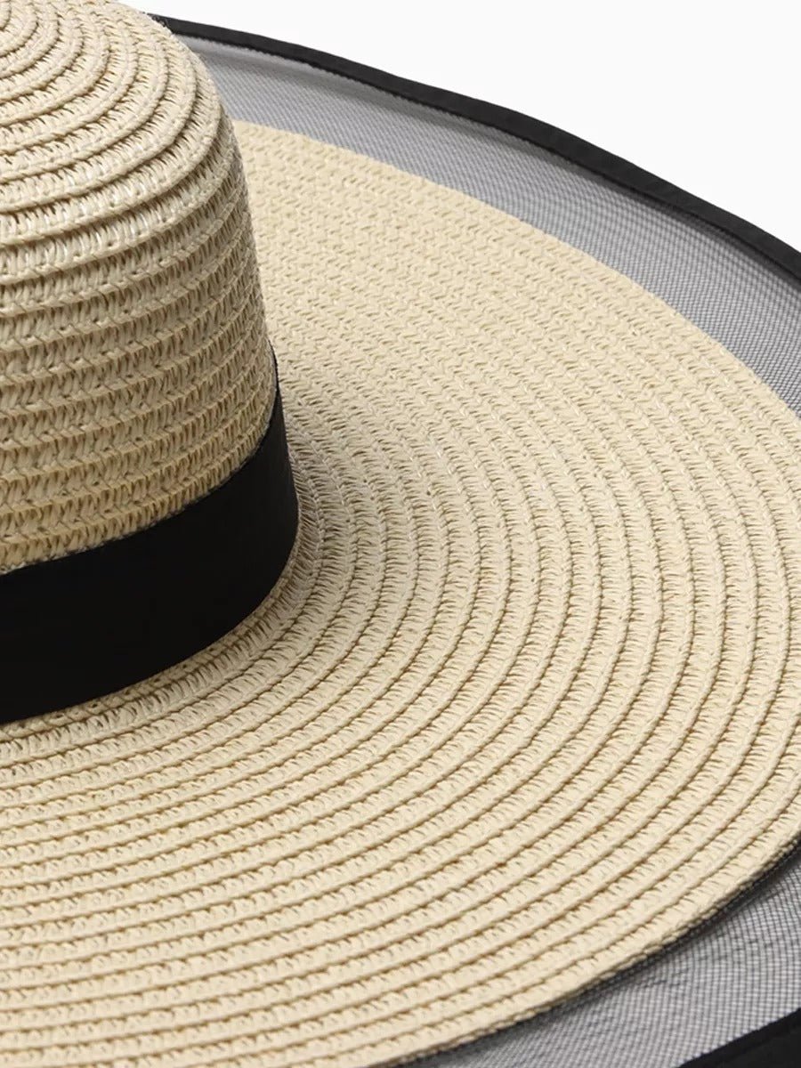 Chapeau de paille pour femme, plage, bord large, capeline filet, chapeau anti - uv élégant, modèle Amy - Chapeau de paille - Beige