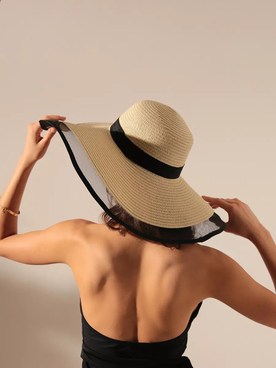 Chapeau de paille pour femme, plage, bord large, capeline filet, chapeau anti - uv élégant, modèle Amy - Chapeau de paille - Beige