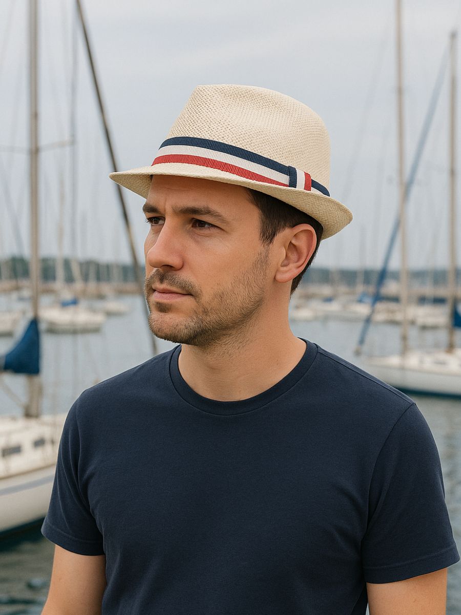 Chapeau de paille trilby, homme, à court bord, respirant, vintage, style panama, bande tricolore française, modèle Lucas - Chapeau de paille - Beige