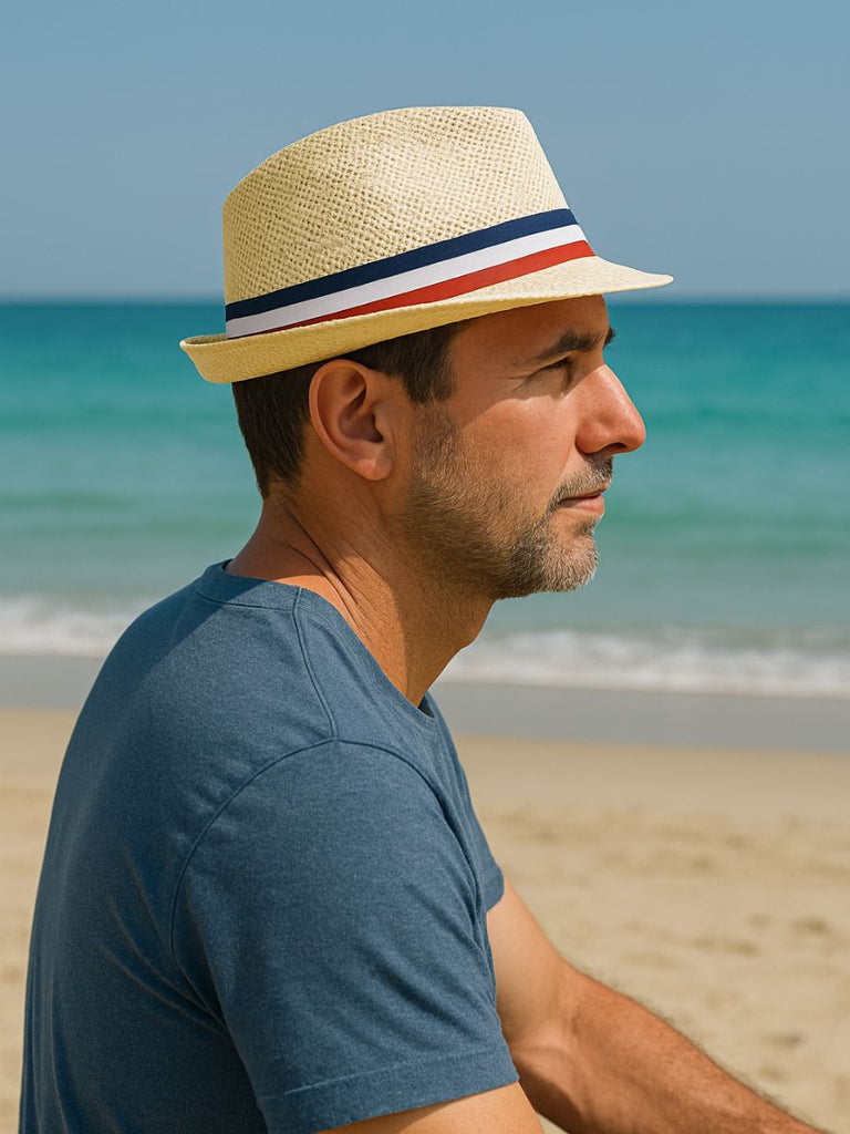 Chapeau de paille trilby, homme, à court bord, respirant, vintage, style panama, bande tricolore française, modèle Lucas - Chapeau de paille - Beige