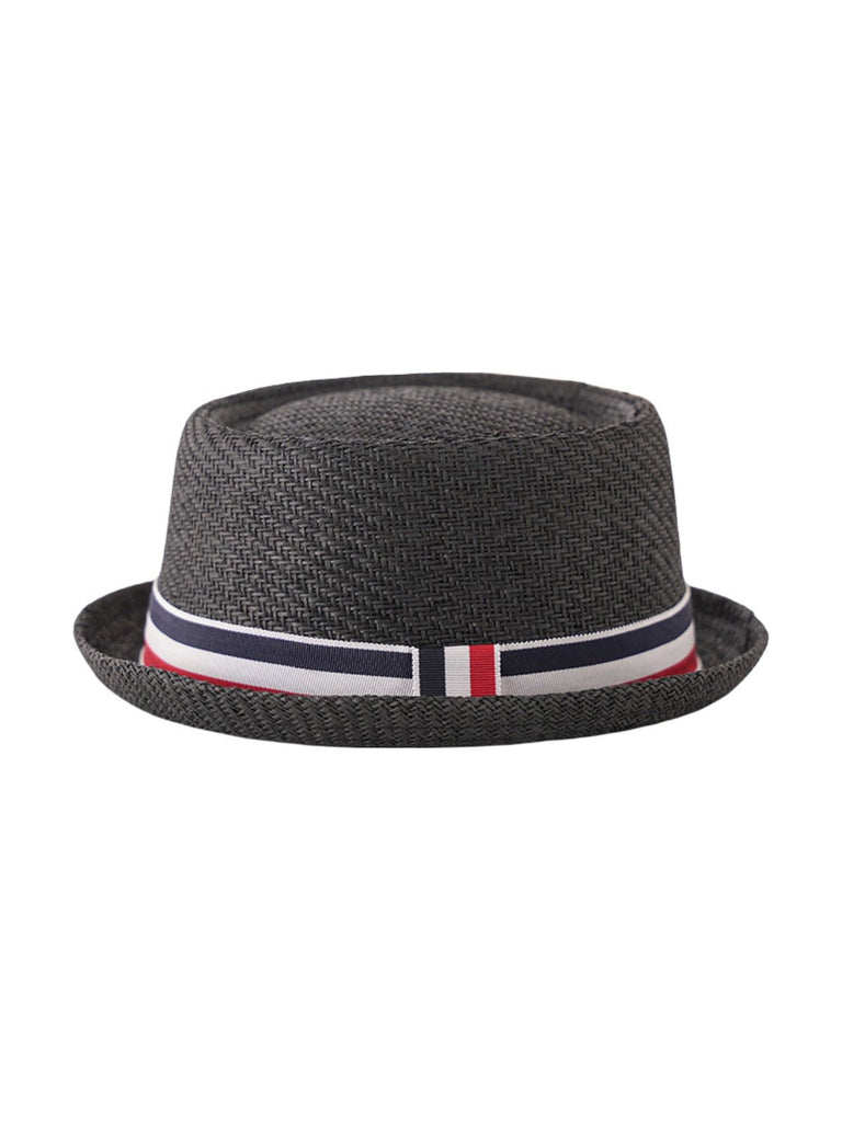 Chapeau de paille trilby, homme, à court bord, respirant, vintage, style panama, bande tricolore française, modèle Lucas - Chapeau de paille - Gris foncé