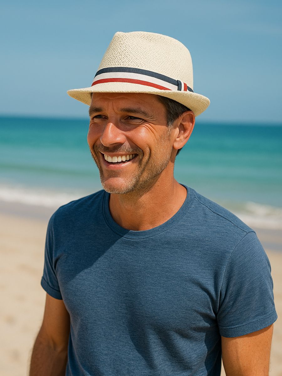 Chapeau de paille trilby, homme, à court bord, respirant, vintage, style panama, bande tricolore française, modèle Lucas - Chapeau de paille - Beige