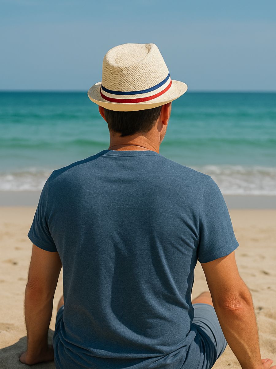 Chapeau de paille trilby, homme, à court bord, respirant, vintage, style panama, bande tricolore française, modèle Lucas - Chapeau de paille - Beige