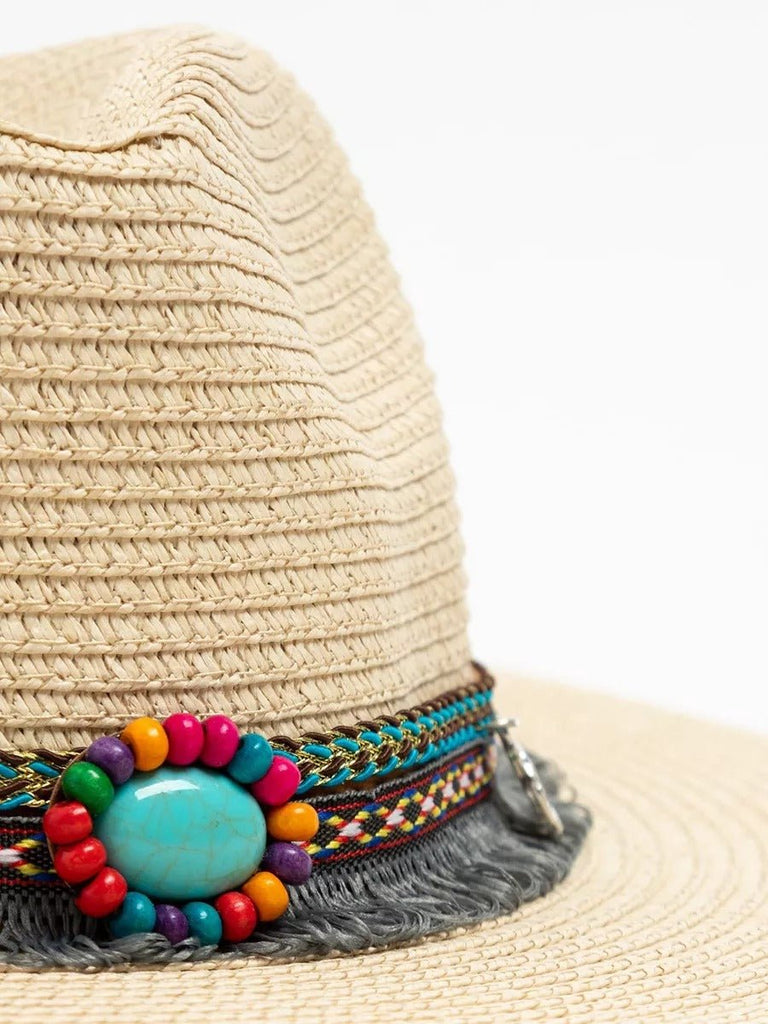 Chapeau de paille western pour femme, cowboy, plage bohème, été large bord, pierres naturelles, modèle Hermione - Chapeau de paille - Beige