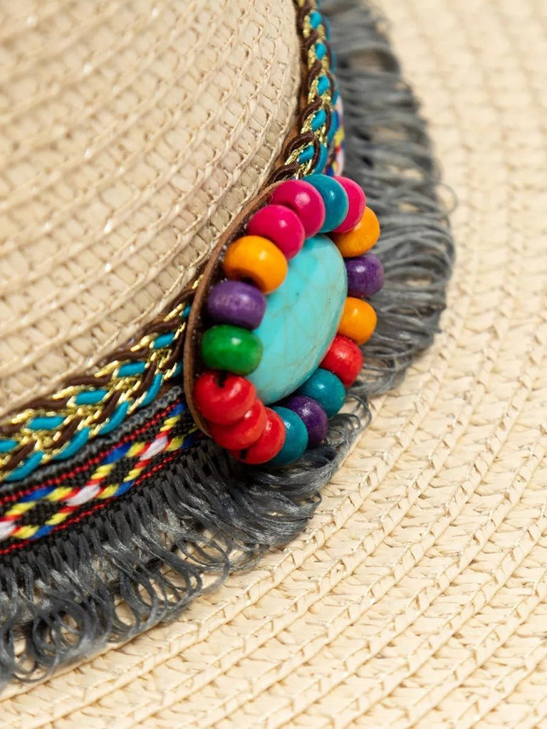 Chapeau de paille western pour femme, cowboy, plage bohème, été large bord, pierres naturelles, modèle Hermione - Chapeau de paille - Beige