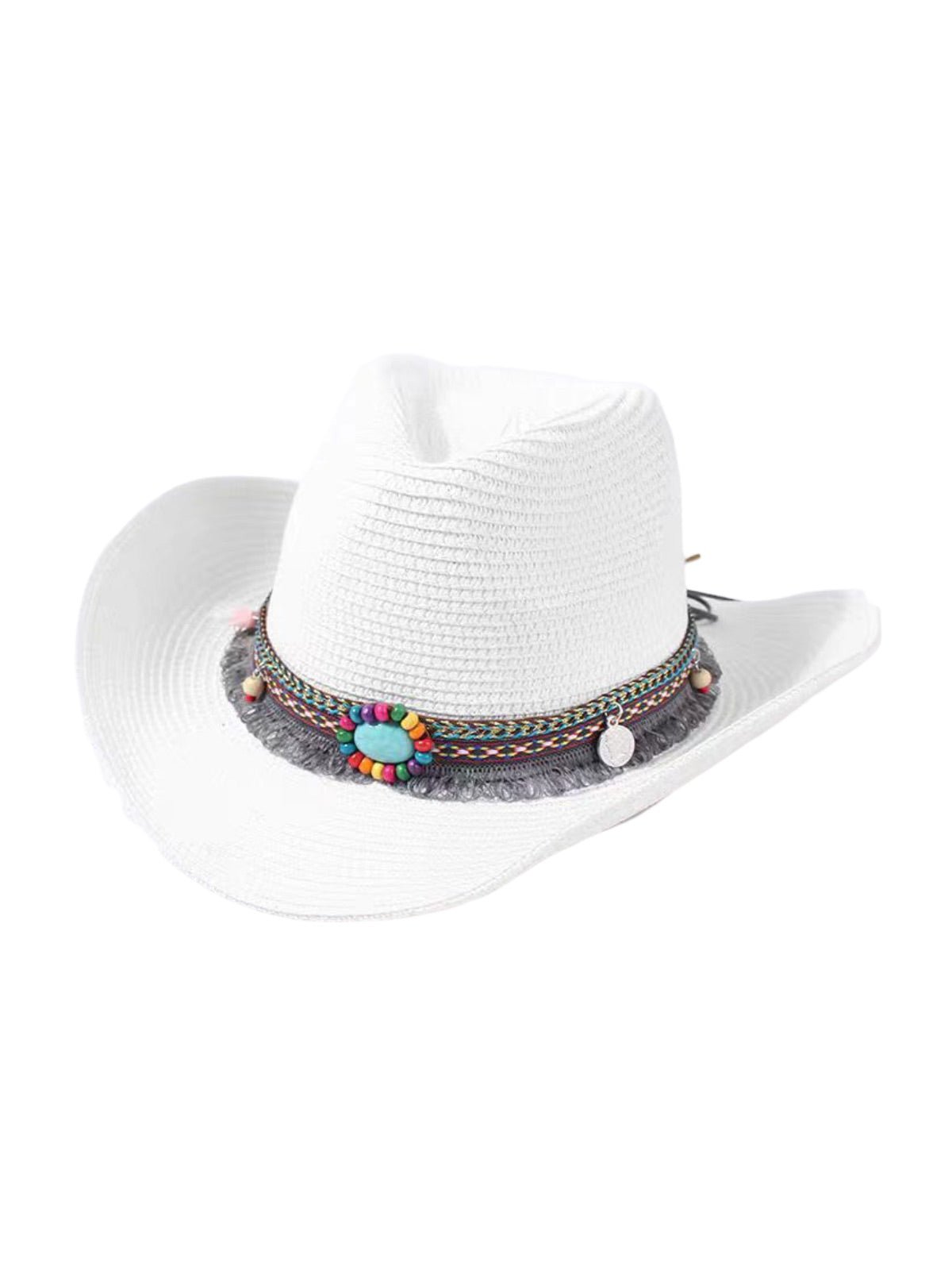 Chapeau de paille western pour femme, cowboy, plage bohème, été large bord, pierres naturelles, modèle Hermione - Chapeau de paille - Blanc