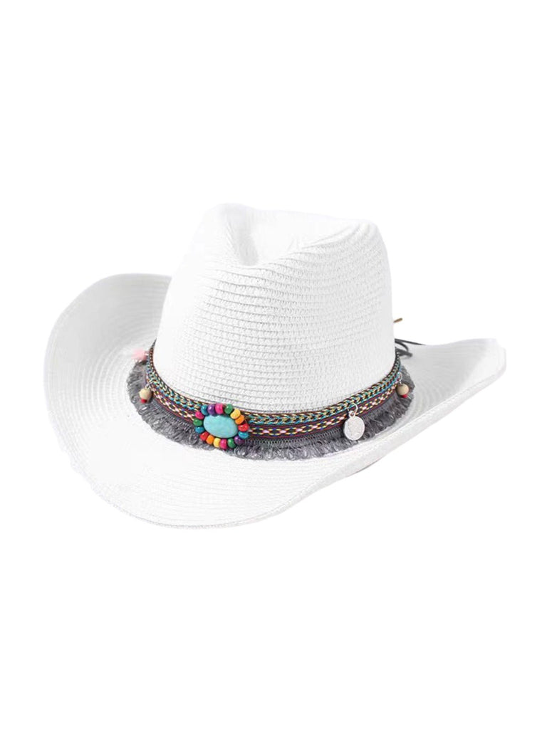 Chapeau de paille western pour femme, cowboy, plage bohème, été large bord, pierres naturelles, modèle Hermione - Chapeau de paille - Blanc