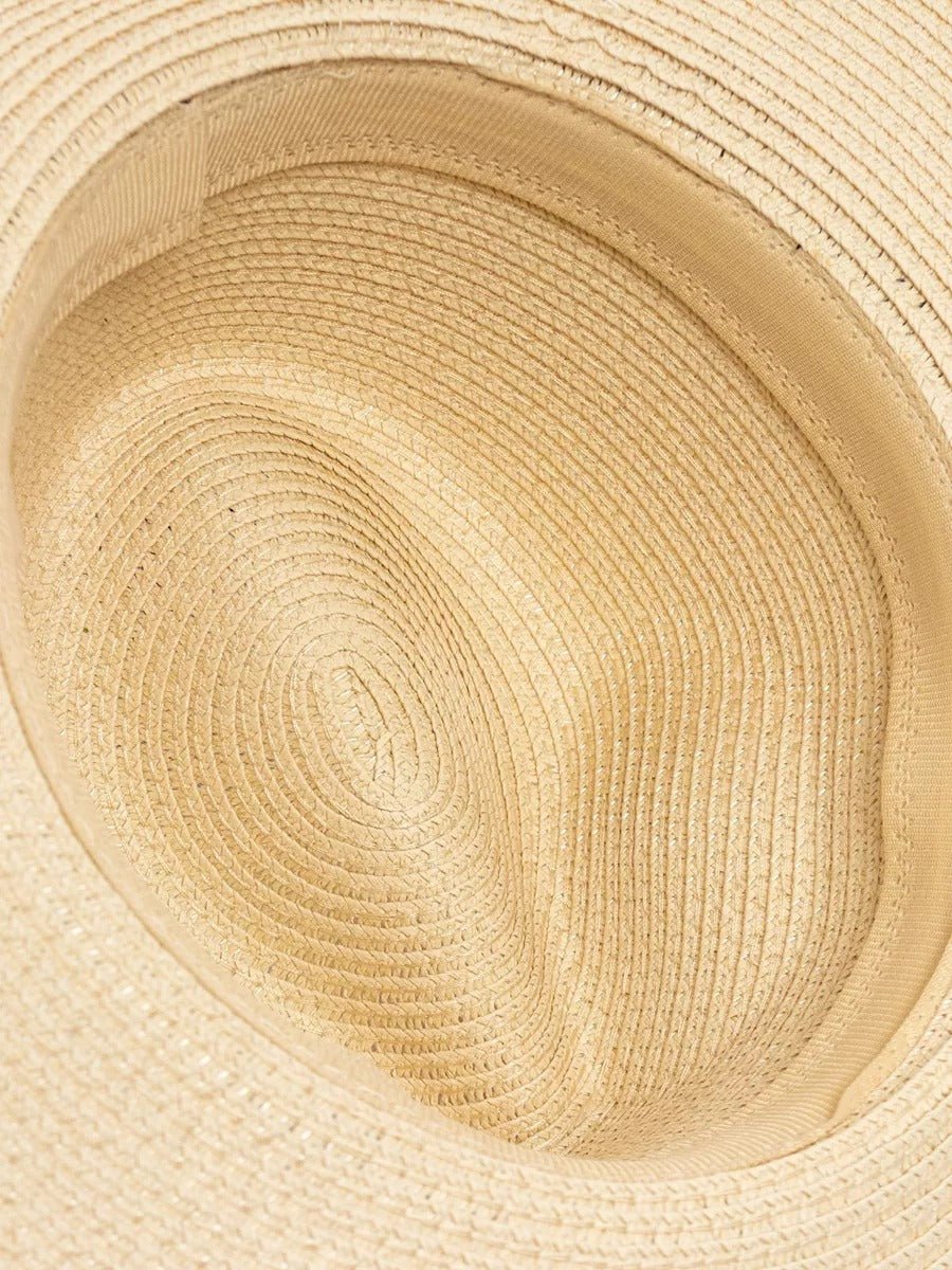 Chapeau de paille western pour femme, cowboy, plage bohème, été large bord, pierres naturelles, modèle Hermione - Chapeau de paille - Beige