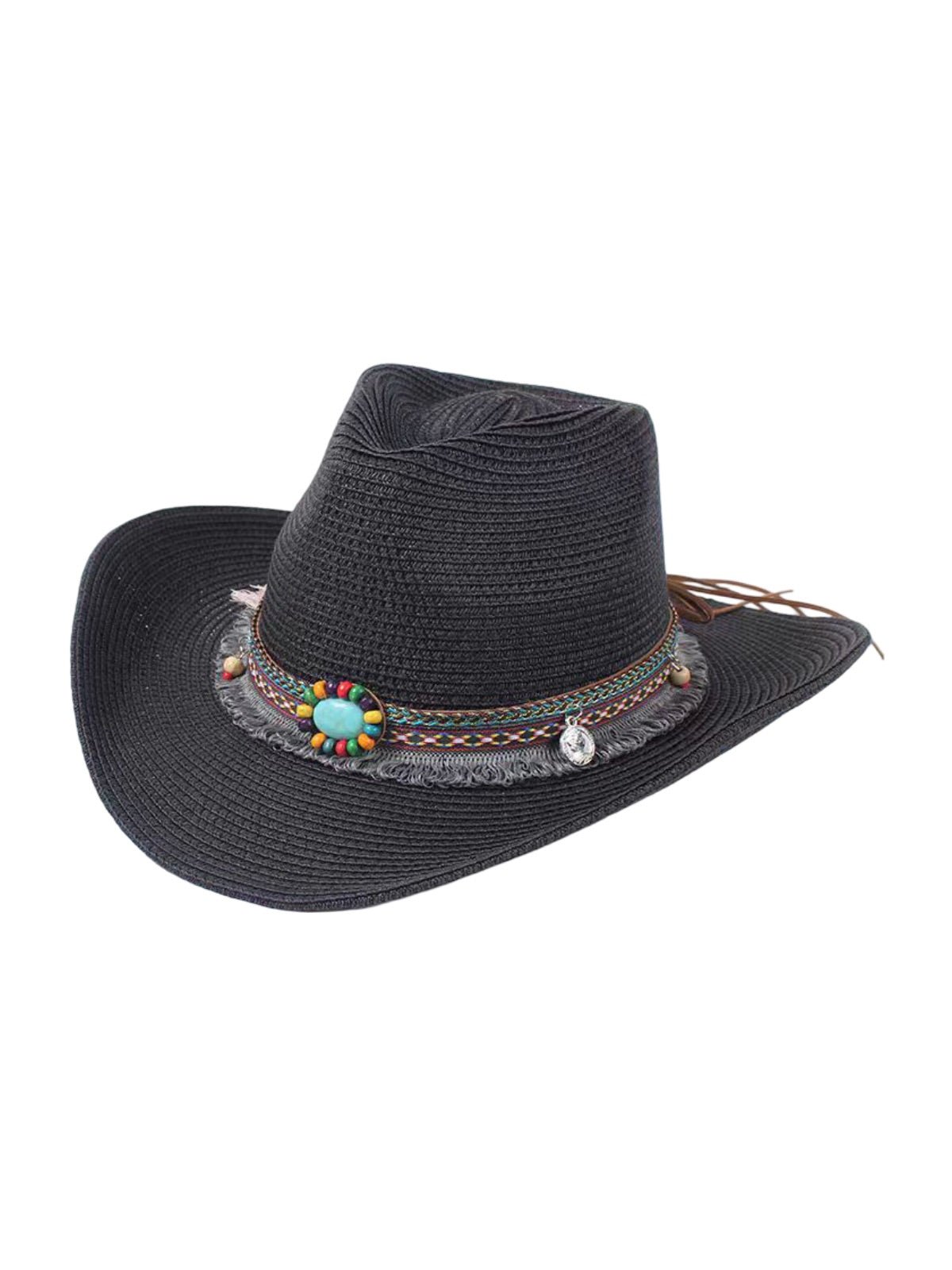 Chapeau de paille western pour femme, cowboy, plage bohème, été large bord, pierres naturelles, modèle Hermione - Chapeau de paille - Noir