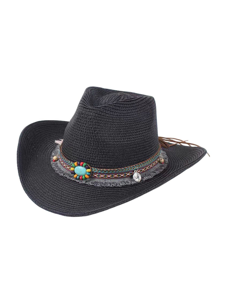 Chapeau de paille western pour femme, cowboy, plage bohème, été large bord, pierres naturelles, modèle Hermione - Chapeau de paille - Noir
