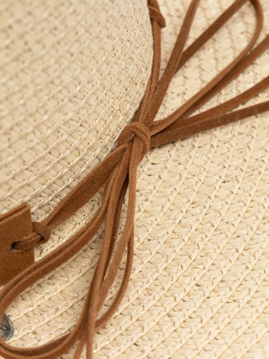 Chapeau de paille western pour femme, cowboy, plage bohème, été large bord, pierres naturelles, modèle Hermione - Chapeau de paille - Beige