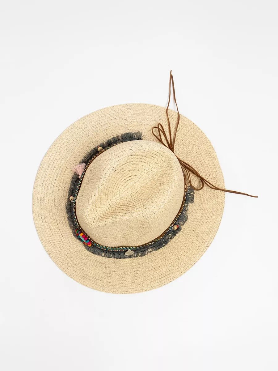 Chapeau de paille western pour femme, cowboy, plage bohème, été large bord, pierres naturelles, modèle Hermione - Chapeau de paille - Beige