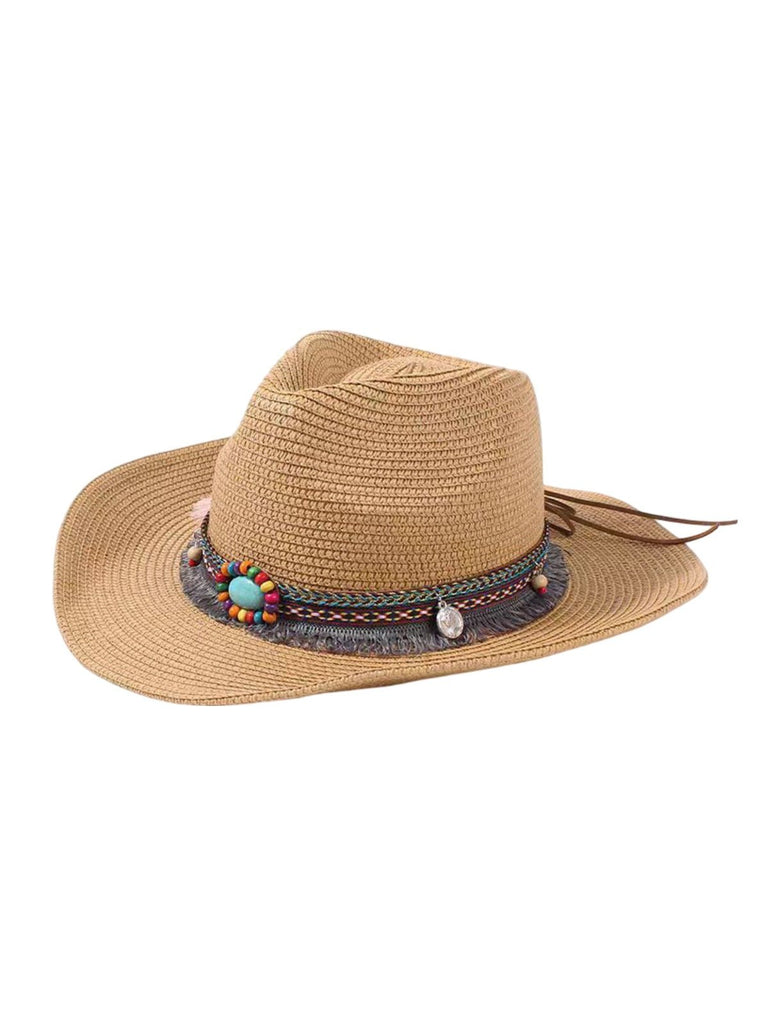 Chapeau de paille western pour femme, cowboy, plage bohème, été large bord, pierres naturelles, modèle Hermione - Chapeau de paille - Camel