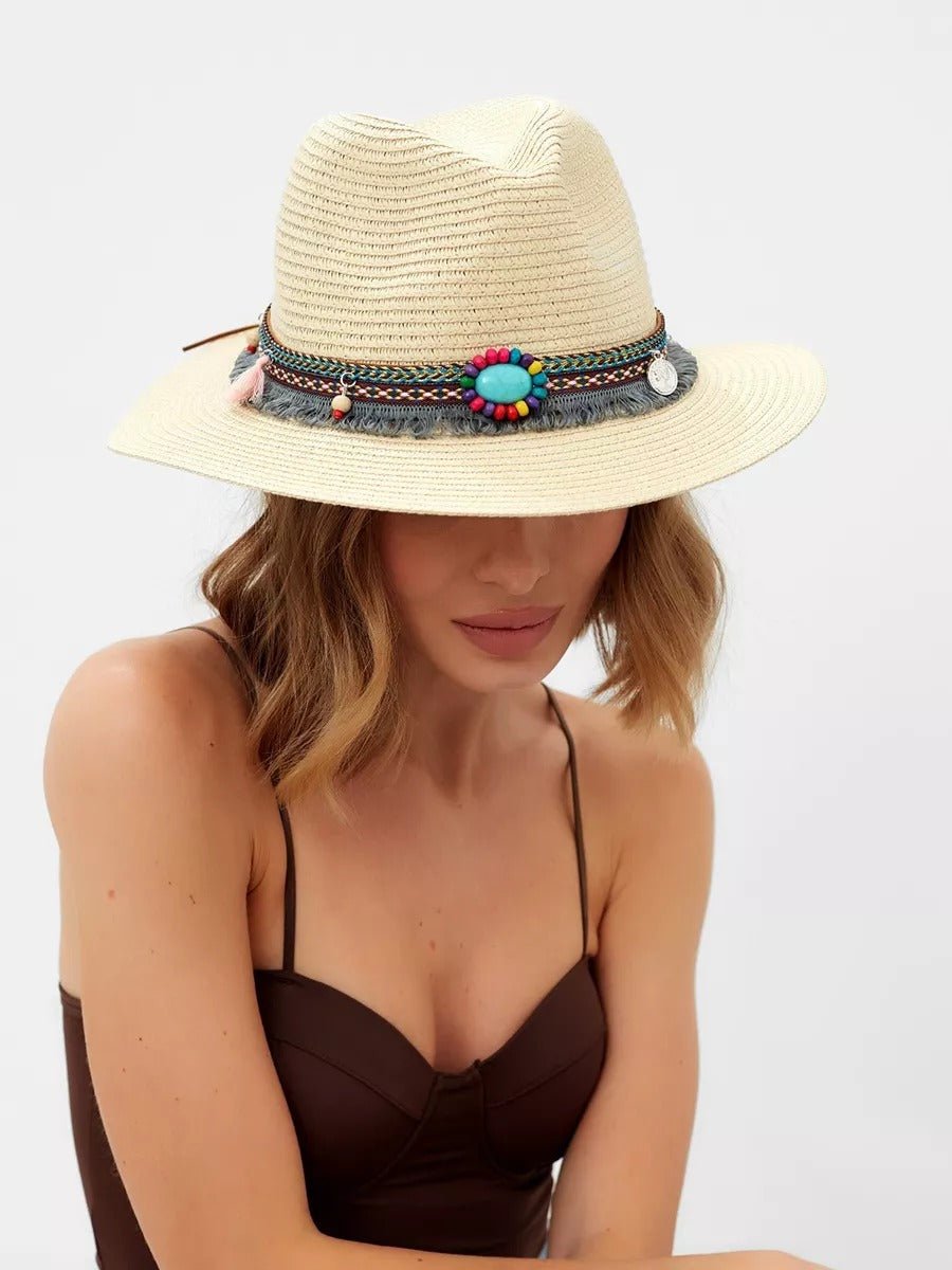 Chapeau de paille western pour femme, cowboy, plage bohème, été large bord, pierres naturelles, modèle Hermione - Chapeau de paille - Beige