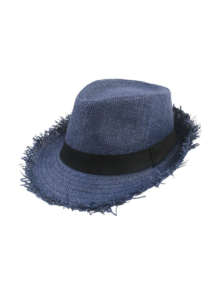Chapeau paille homme, chapeau panama, à bord effiloché, fedora, idéal pour le soleil, modèle Valentin - Chapeau de paille - Bleu