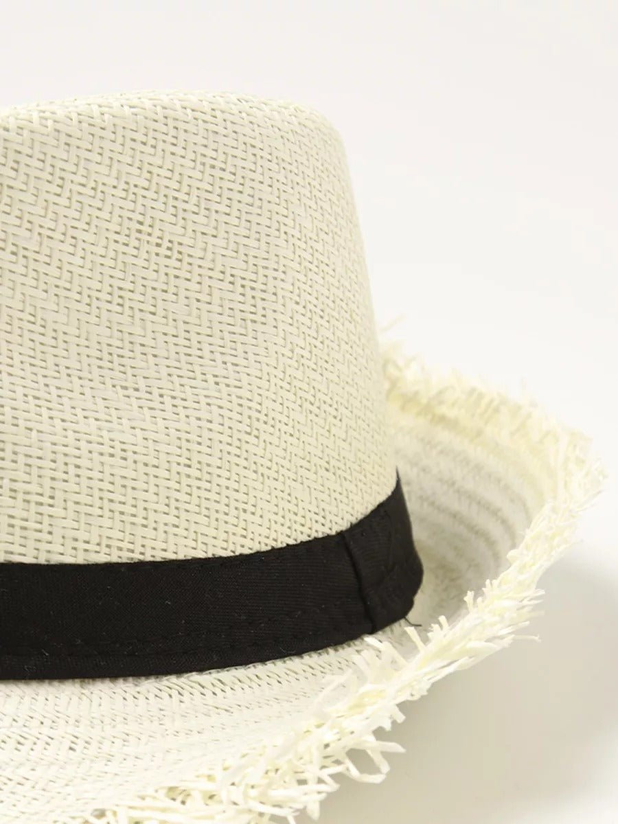 Chapeau paille homme, chapeau panama, à bord effiloché, fedora, idéal pour le soleil, modèle Valentin - Chapeau de paille - Beige