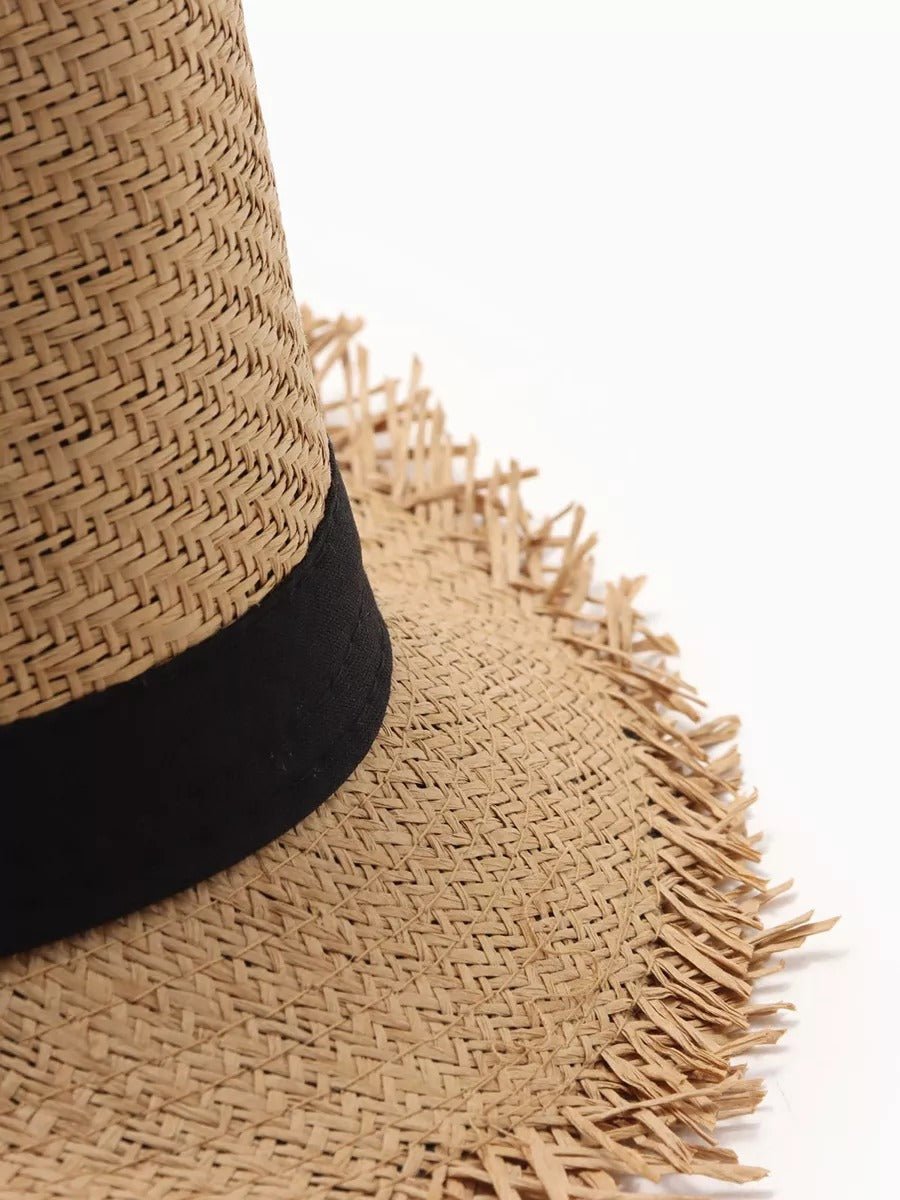 Chapeau paille homme, chapeau panama, à bord effiloché, fedora, idéal pour le soleil, modèle Valentin - Chapeau de paille - Camel