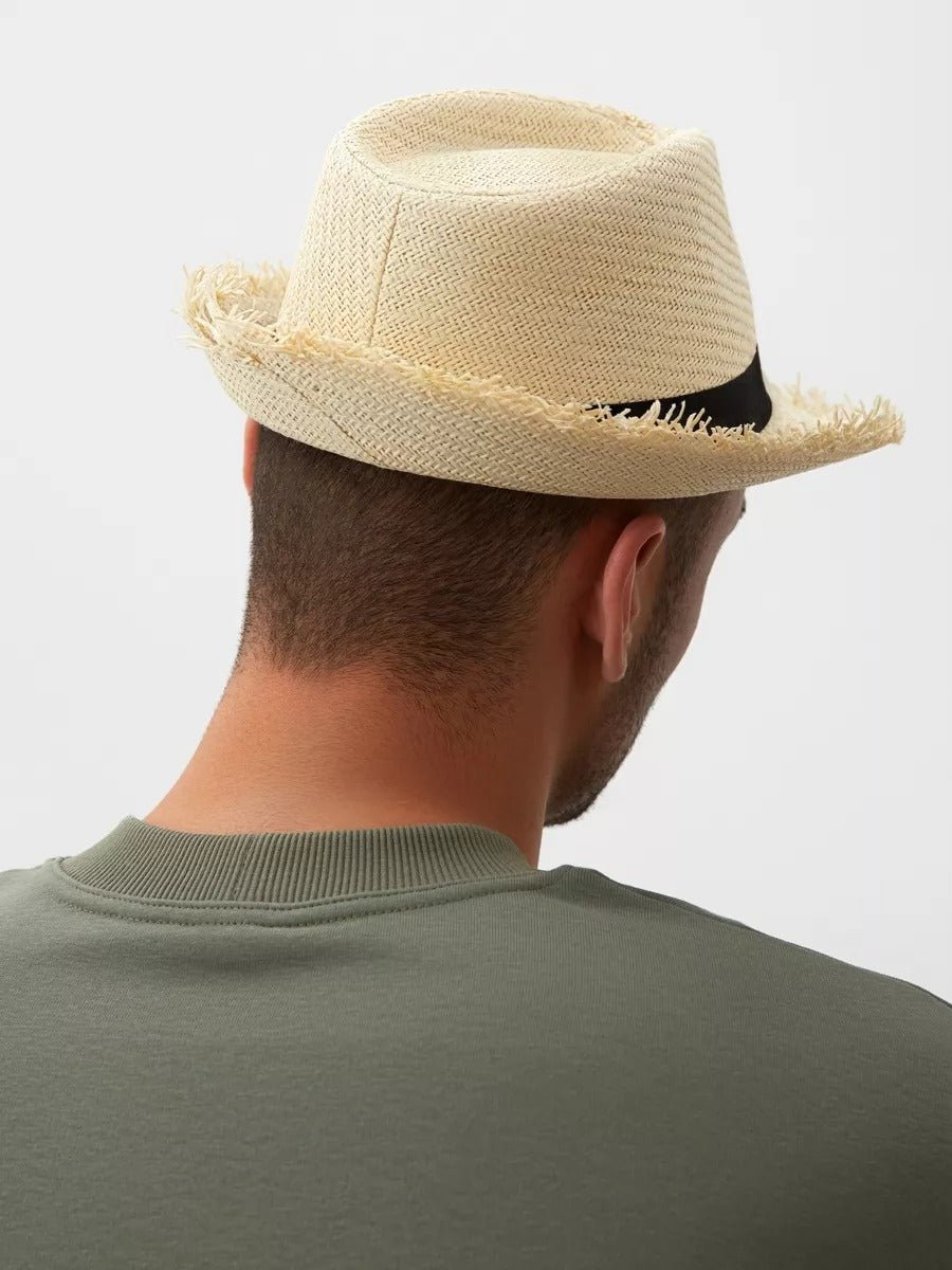 Chapeau paille homme, chapeau panama, à bord effiloché, fedora, idéal pour le soleil, modèle Valentin - Chapeau de paille - Beige