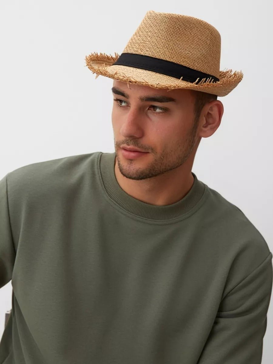 Chapeau paille homme, chapeau panama, à bord effiloché, fedora, idéal pour le soleil, modèle Valentin - Chapeau de paille - Camel