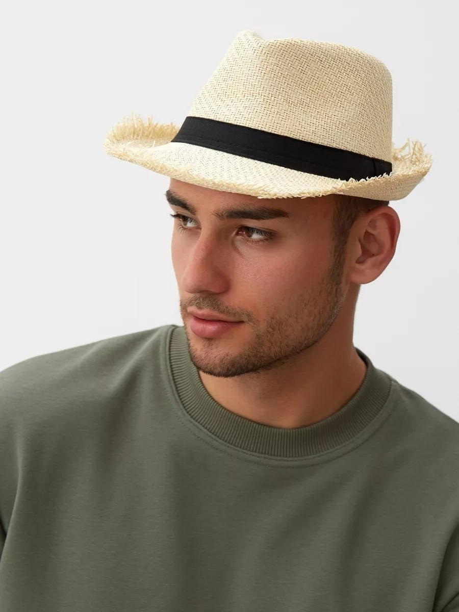 Chapeau paille homme, chapeau panama, à bord effiloché, fedora, idéal pour le soleil, modèle Valentin - Chapeau de paille - Beige
