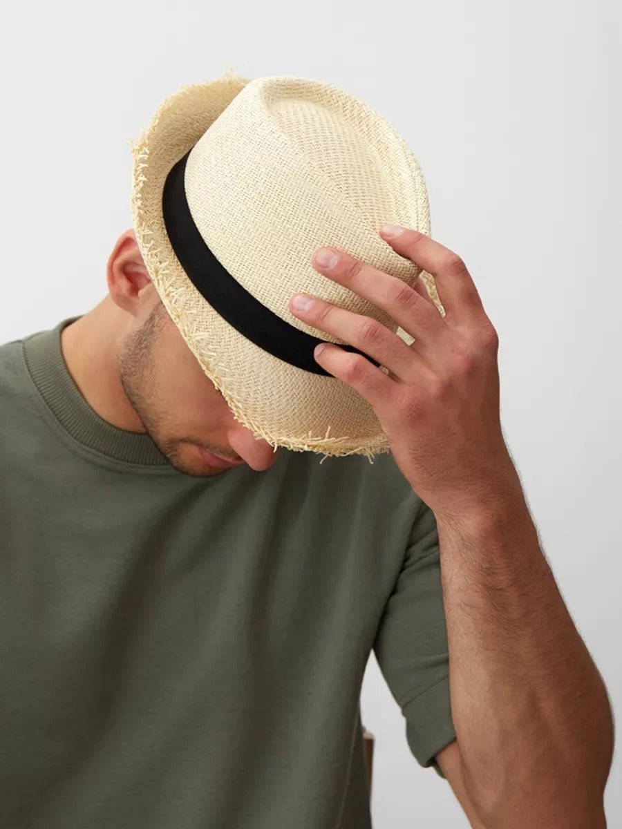 Chapeau paille homme, chapeau panama, à bord effiloché, fedora, idéal pour le soleil, modèle Valentin - Chapeau de paille - Beige