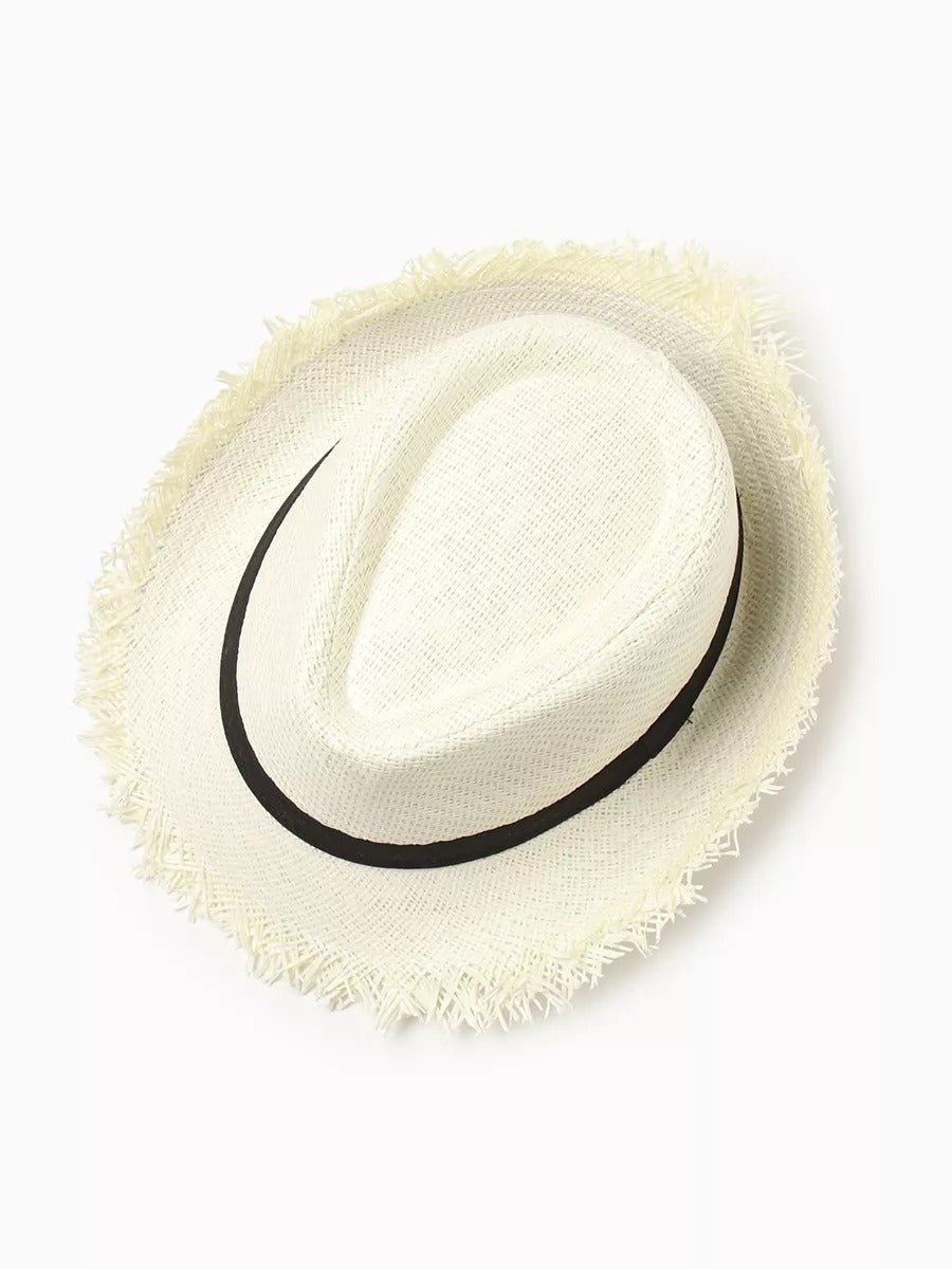 Chapeau paille homme, chapeau panama, à bord effiloché, fedora, idéal pour le soleil, modèle Valentin - Chapeau de paille - Beige