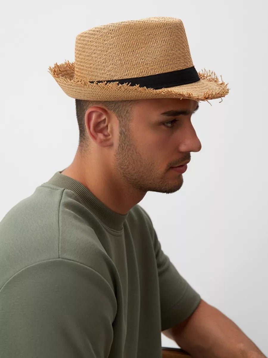 Chapeau paille homme, chapeau panama, à bord effiloché, fedora, idéal pour le soleil, modèle Valentin - Chapeau de paille - Camel