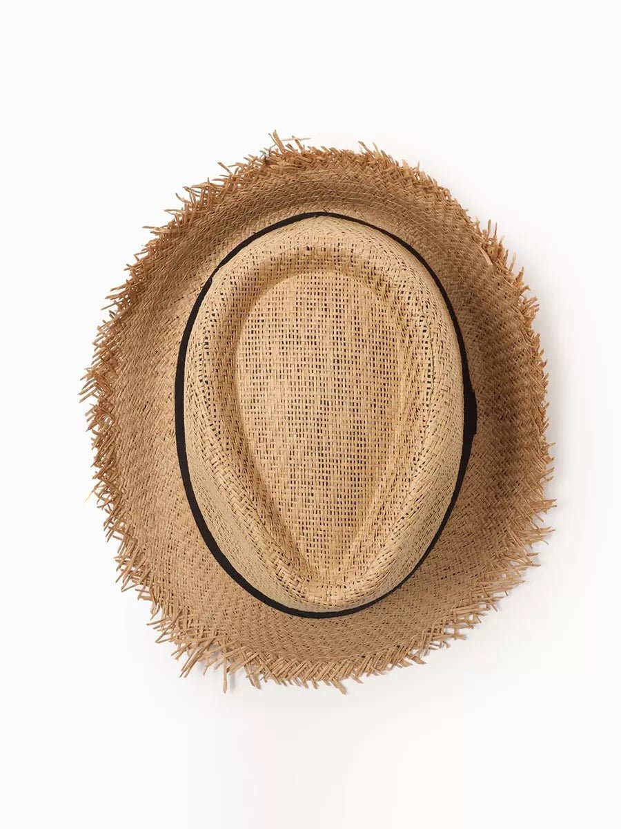 Chapeau paille homme, chapeau panama, à bord effiloché, fedora, idéal pour le soleil, modèle Valentin - Chapeau de paille - Camel