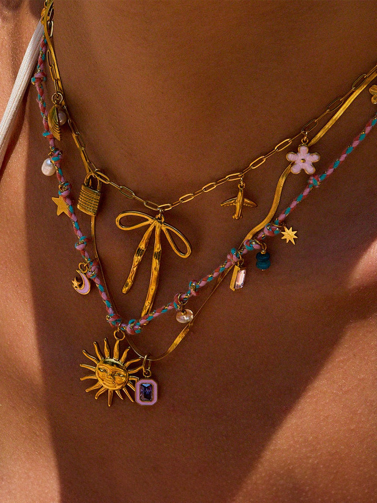 Collier à charms soleil, lune, breloques dorées, corde tressée, acier inoxydable, printemps été, modèle Gaëlle - Collier - Or 38 + 5 cm