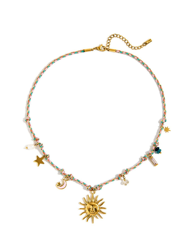 Collier à charms soleil, lune, breloques dorées, corde tressée, acier inoxydable, printemps été, modèle Gaëlle - Collier - Or 38 + 5 cm