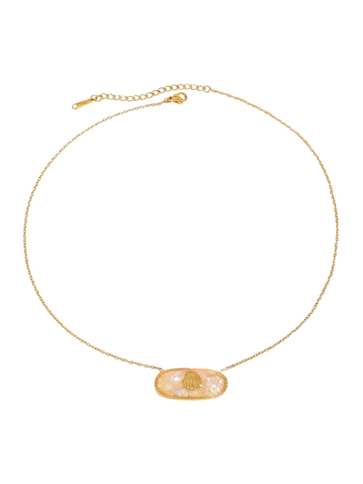 Collier coquillage doré, nacre colorée, chaîne fine, acier inoxydable, pendentif ovale, modèle Wendoline - Collier - Jaune 39 + 5 cm