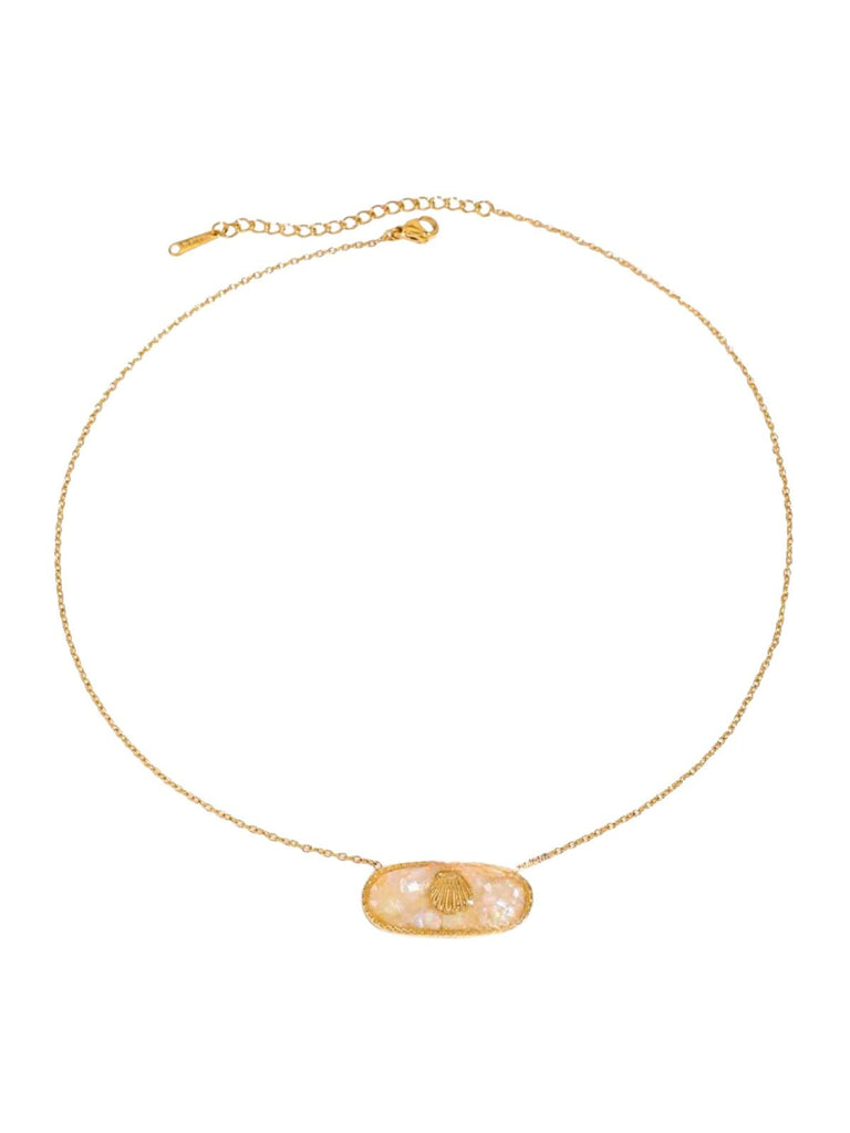 Collier coquillage doré, nacre colorée, chaîne fine, acier inoxydable, pendentif ovale, modèle Wendoline - Collier - Jaune 39 + 5 cm