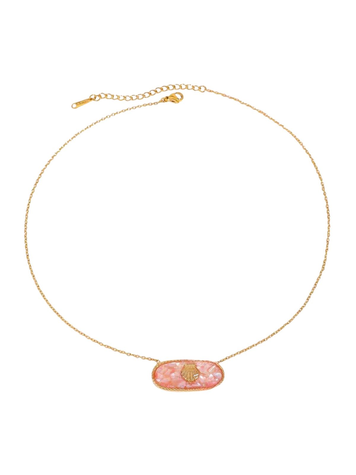 Collier coquillage doré, nacre colorée, chaîne fine, acier inoxydable, pendentif ovale, modèle Wendoline - Collier - Rose 39 + 5 cm