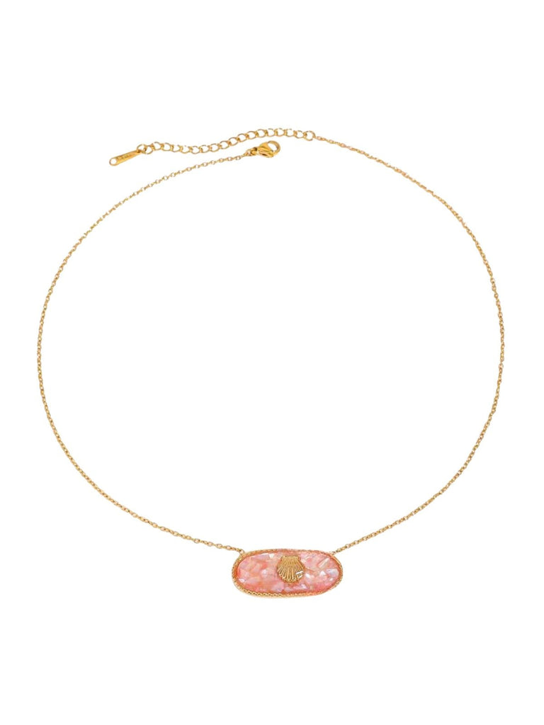 Collier coquillage doré, nacre colorée, chaîne fine, acier inoxydable, pendentif ovale, modèle Wendoline - Collier - Rose 39 + 5 cm
