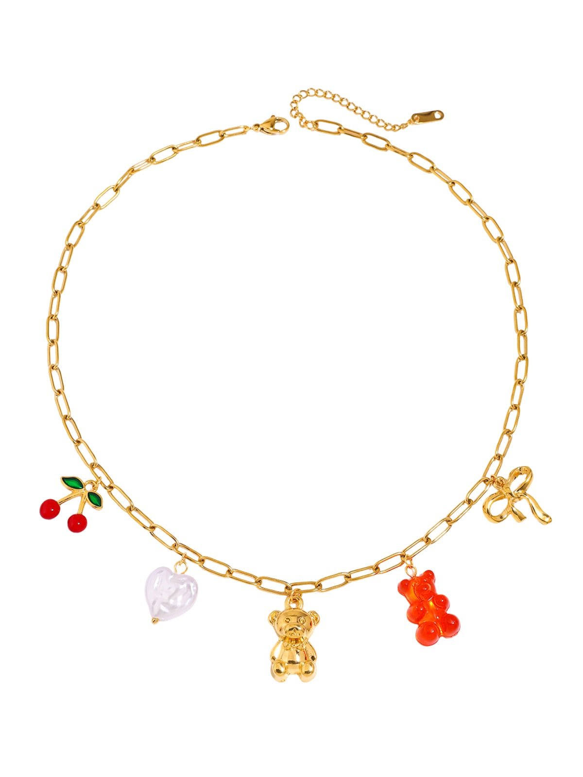 Collier doré, charms breloques cerise cœur ourson ruban, chaîne forçat, style ins, modèle Vina - Collier - Or 57 cm