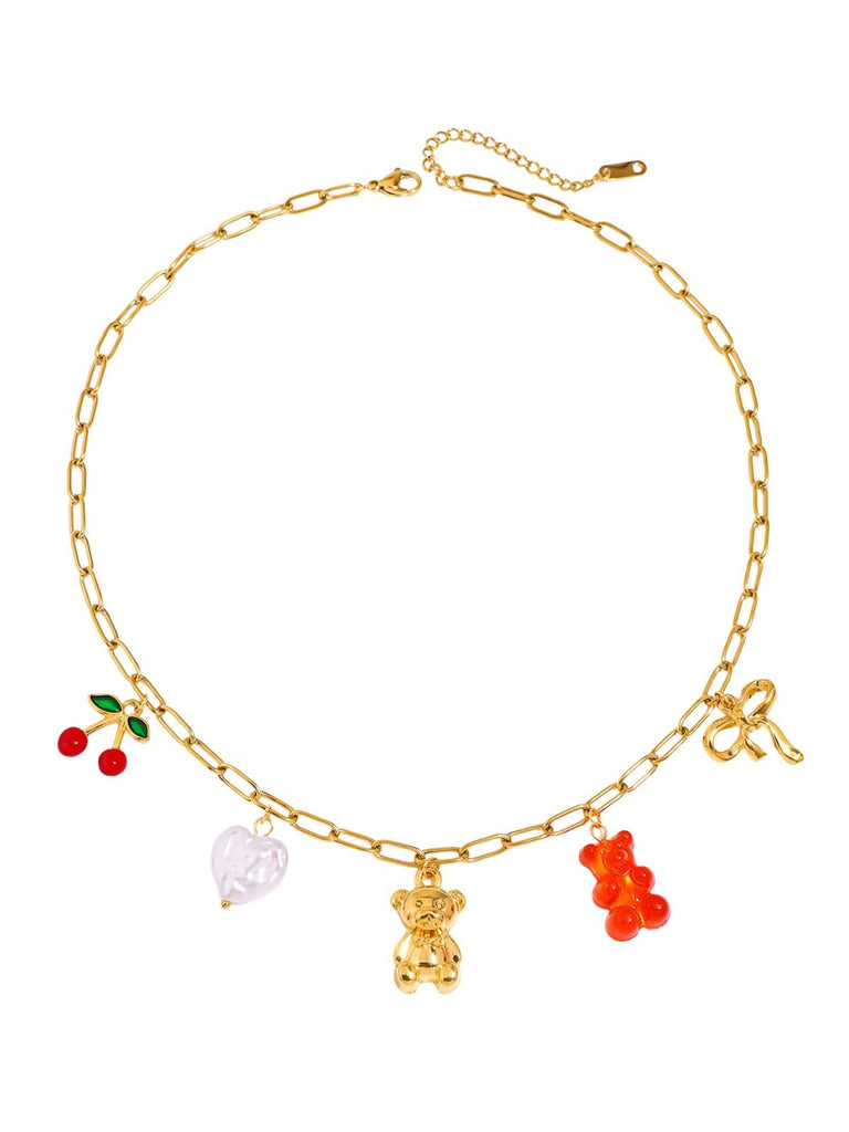 Collier doré, charms breloques cerise cœur ourson ruban, chaîne forçat, style ins, modèle Vina - Collier - Or 57 cm