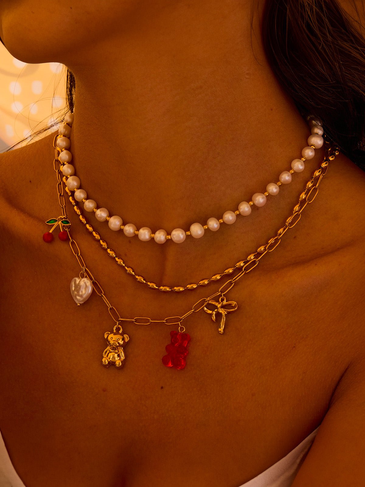 Collier doré, charms breloques cerise cœur ourson ruban, chaîne forçat, style ins, modèle Vina - Collier - Or 57 cm