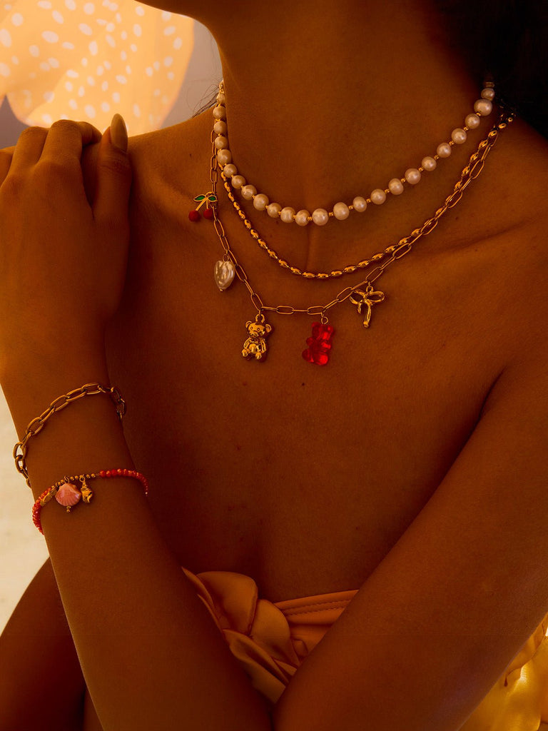Collier doré, charms breloques cerise cœur ourson ruban, chaîne forçat, style ins, modèle Vina - Collier - Or 57 cm
