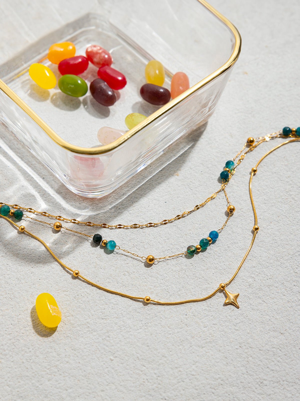 Collier doré, multirangs, perles de cristal bleues, pendentif étoile, acier inoxydable, modèle Itale - Collier - Or 40 + 5 cm